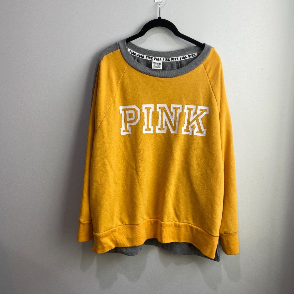 PINK brand yellow/gray comfy super soft sweatshirt. Size L white block letter
